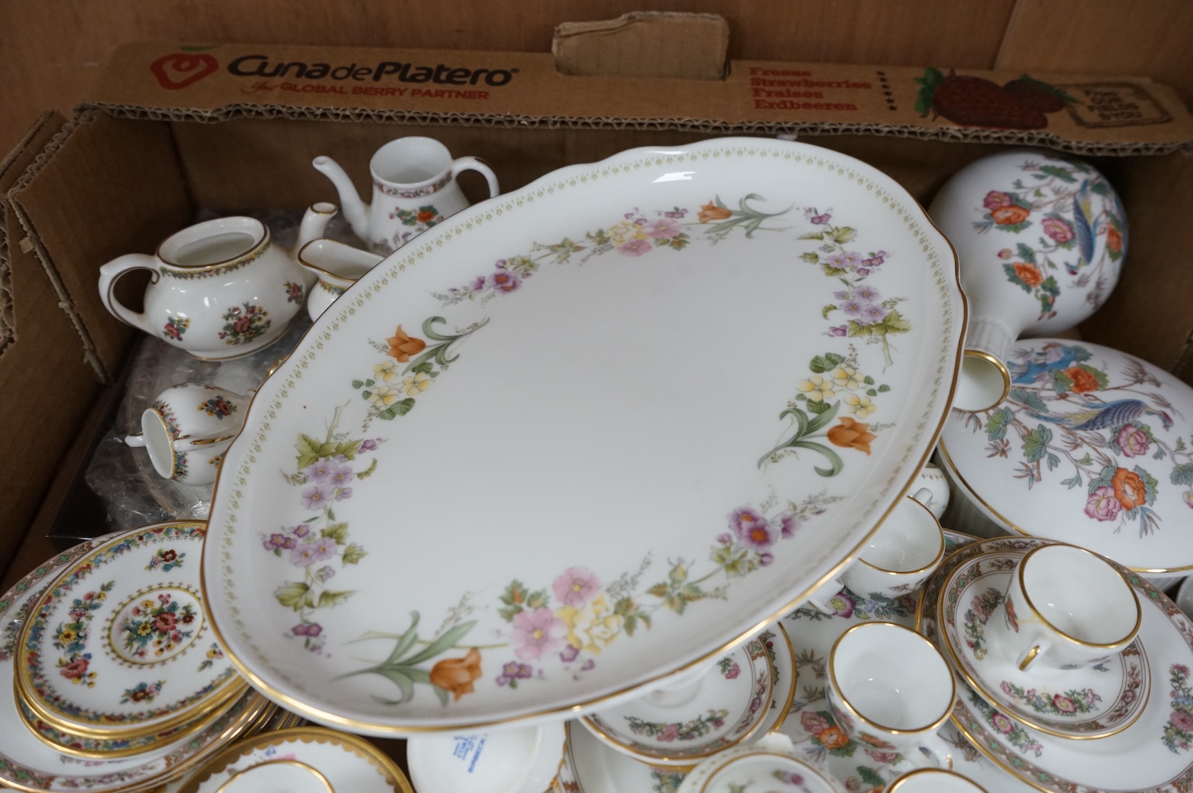 A large collection of Wedgwood and Coalport miniature tea wares, largest piece 24cm wide